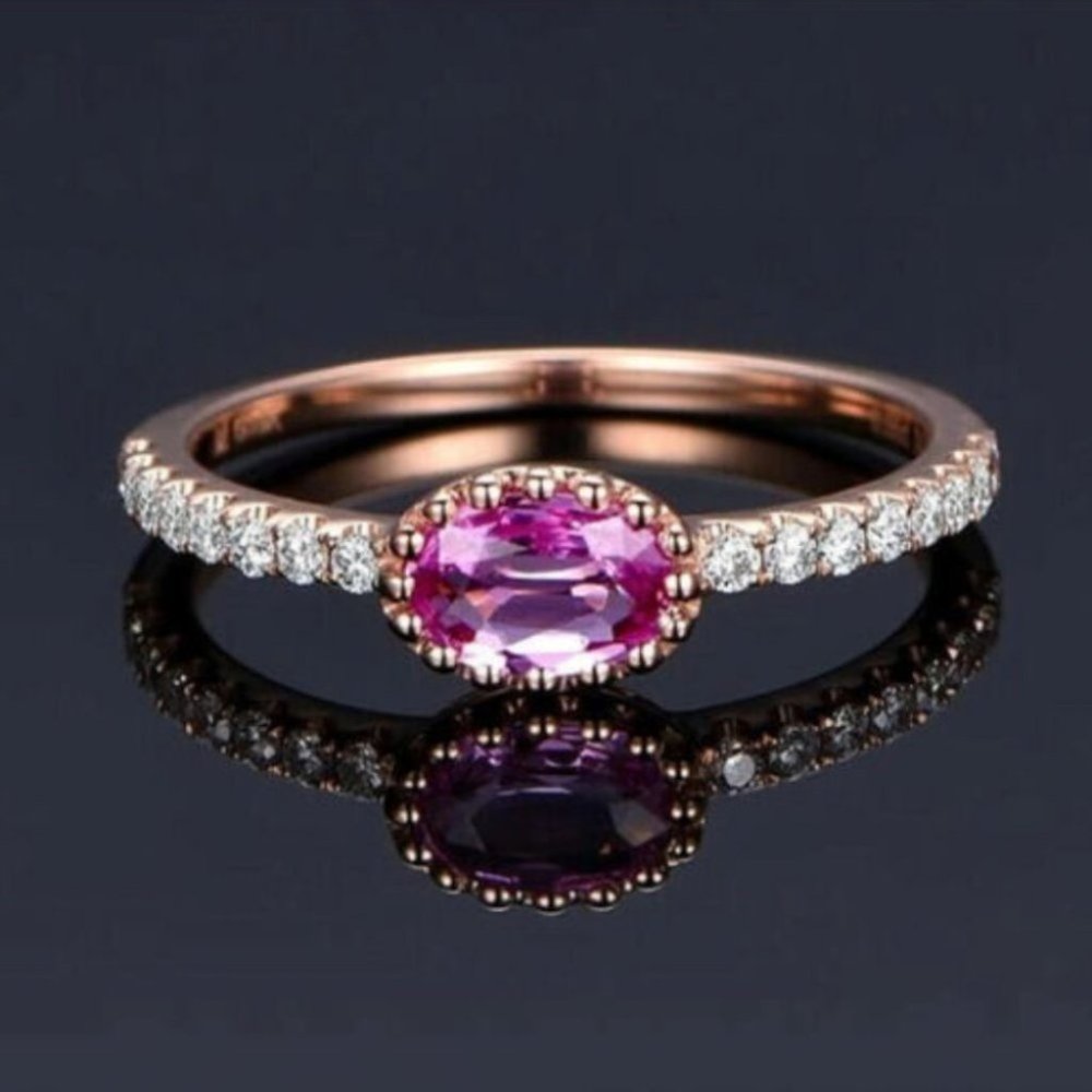 14k Rose Gold Plated Oval Cut Pink Sapphire Ring - Picture 4 of 6